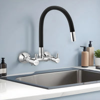Kara Brass Wall-Mount Kitchen Sink Mixer Tap with Flexible Silicone Spout – Black