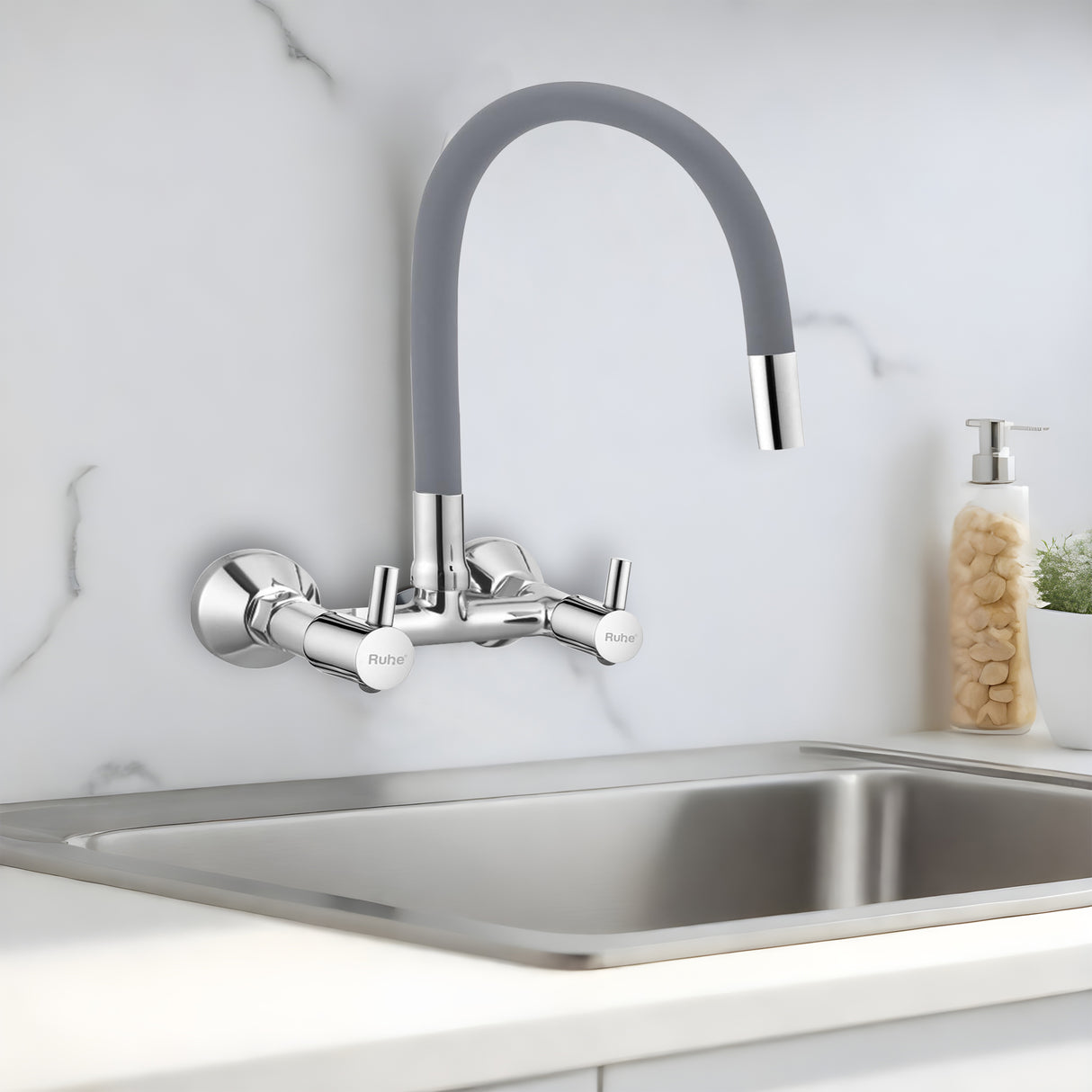 Kara Wall-mount Kitchen Sink Mixer Tap with Grey Silicone Spout - by Ruhe®