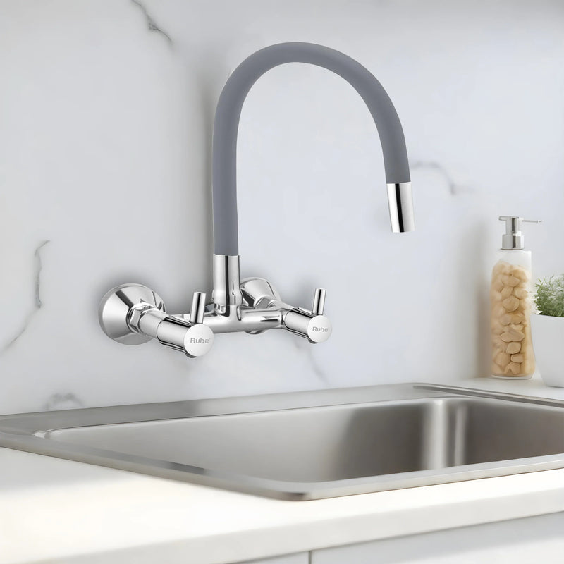 Kara Wall-mount Kitchen Sink Mixer Tap with Grey Silicone Spout - by Ruhe