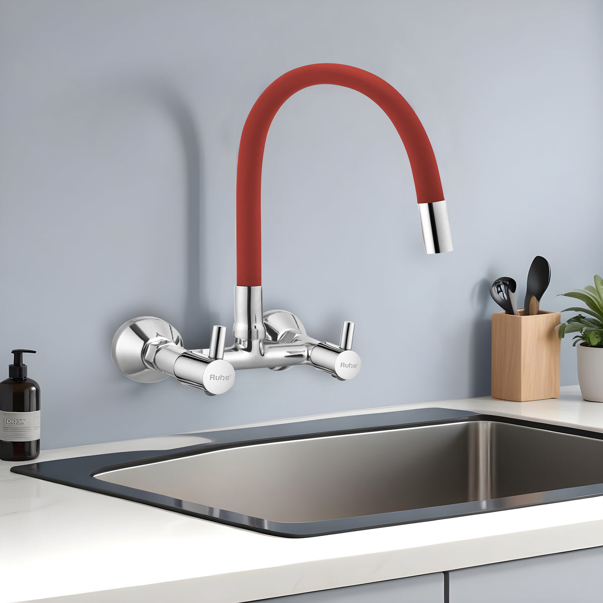 Kara Sink Mixer Brass Faucet with Silicone Red Flexible Spout - by Ruhe®