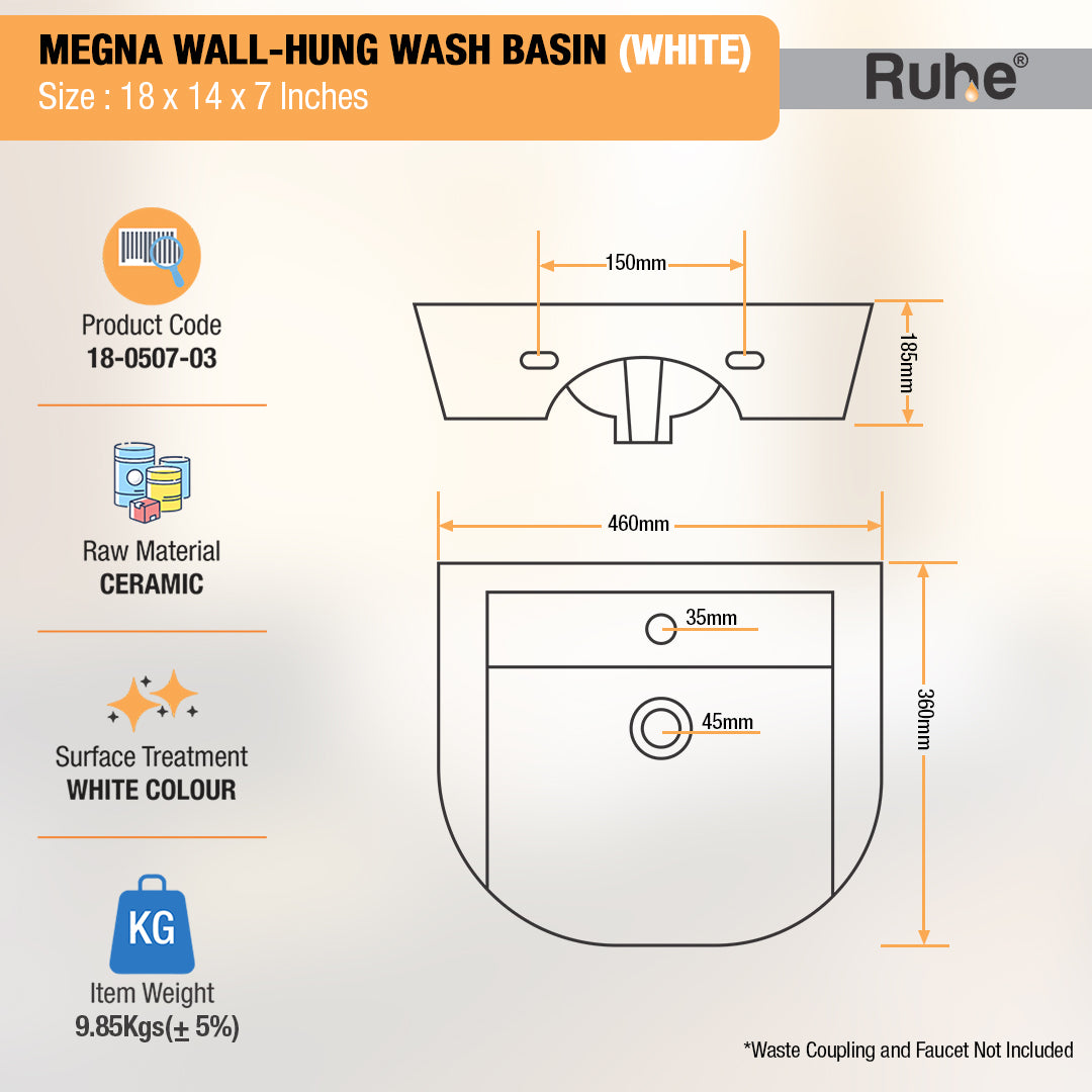 Megna Wall-hung Wash Basin (White) - by Ruhe