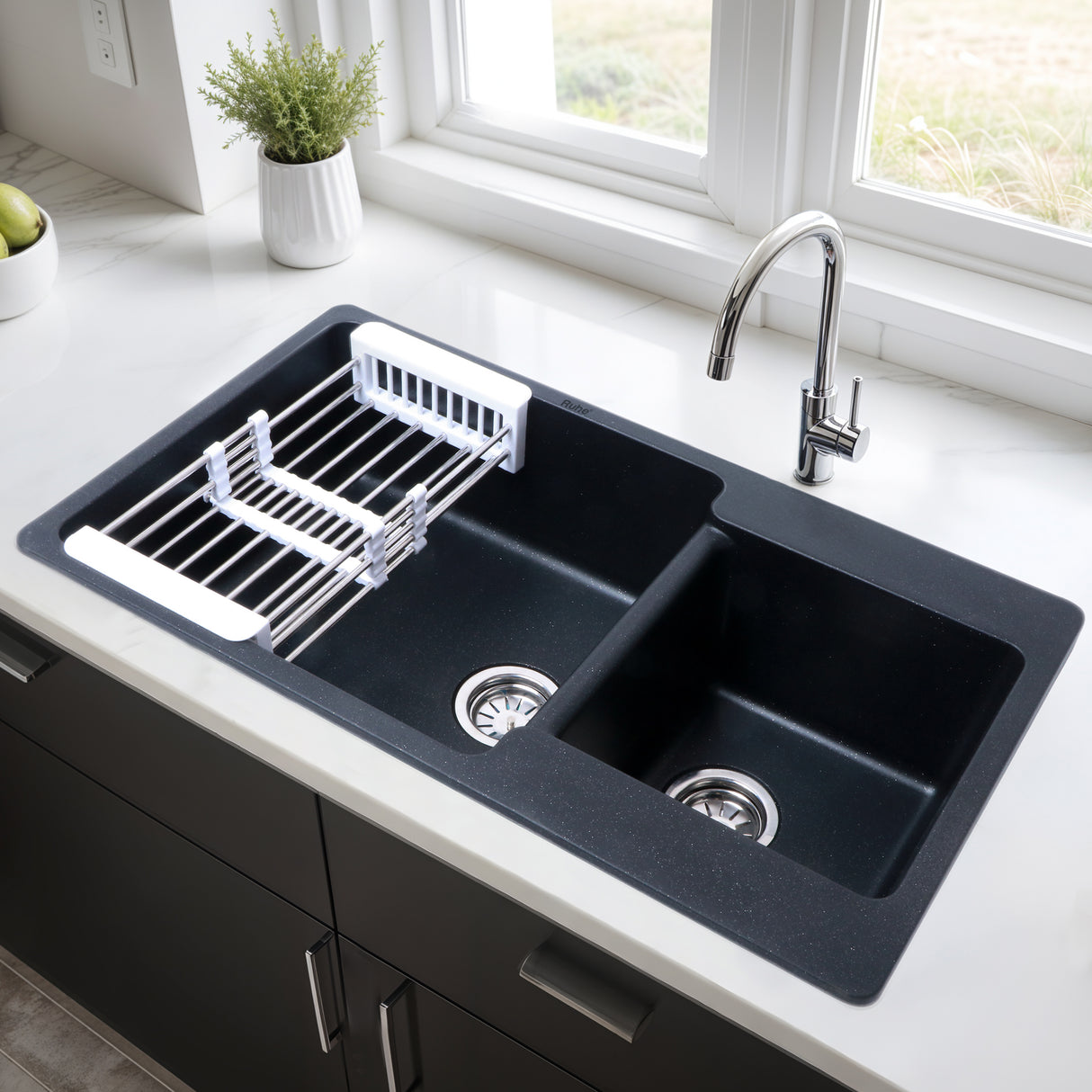 Matte Black Quartz Double Bowl Kitchen Sink (34 x 20 x 9 inches) - by Ruhe