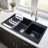 Matte Black Quartz Double Bowl Kitchen Sink (34 x 20 x 9 inches) - by Ruhe