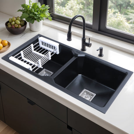 Matte Black Quartz Double Bowl Kitchen Sink (37 x 18 x 9 inches) - by Ruhe