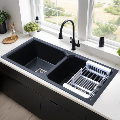 Matte Black Quartz Double Bowl Kitchen Sink (45 x 20 x 9 inches) - by Ruhe