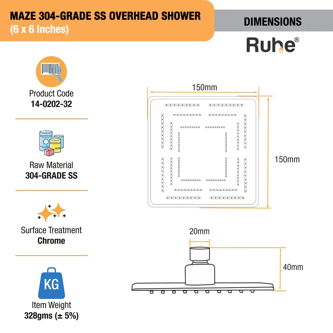 Maze 304-grade SS Overhead Shower (6 x 6 Inches)