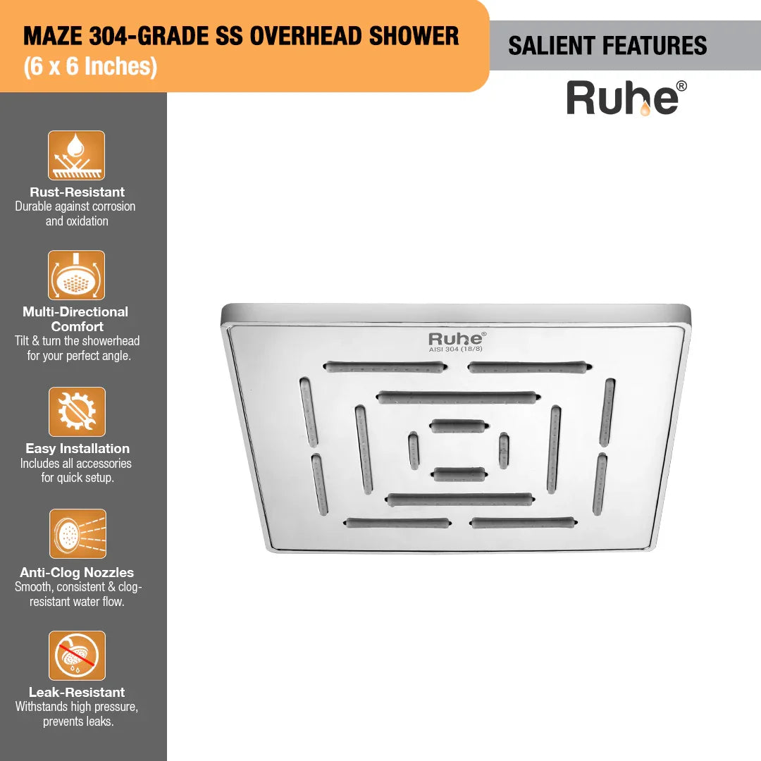 Maze 304-grade SS Overhead Shower (6 x 6 Inches)