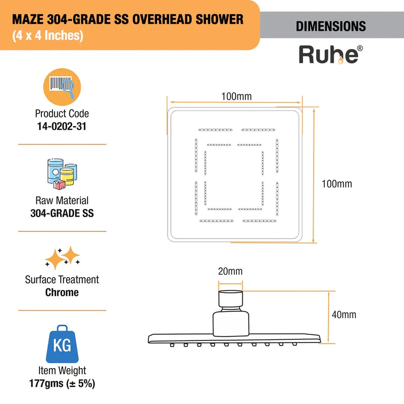 Maze 304-grade SS Overhead Shower (4 x 4 Inches)