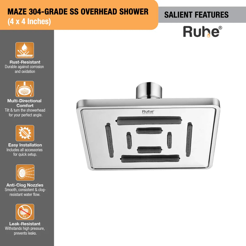 Maze 304-grade SS Overhead Shower (4 x 4 Inches)
