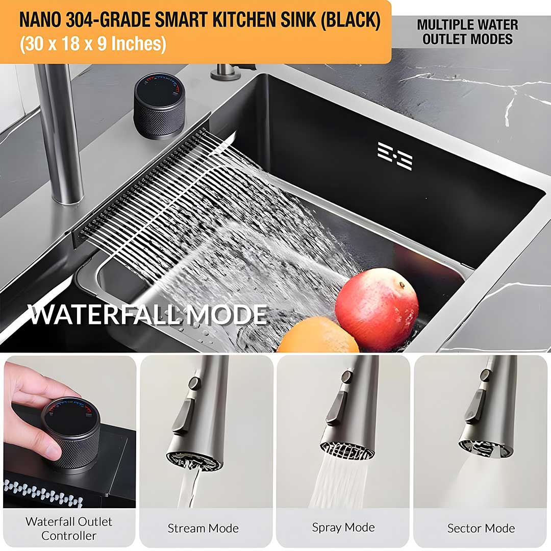 Nano Black 304-Grade Kitchen Sink with Integrated Waterfall, Pull-Out & RO Faucet (30 x 18 x 9 Inches)