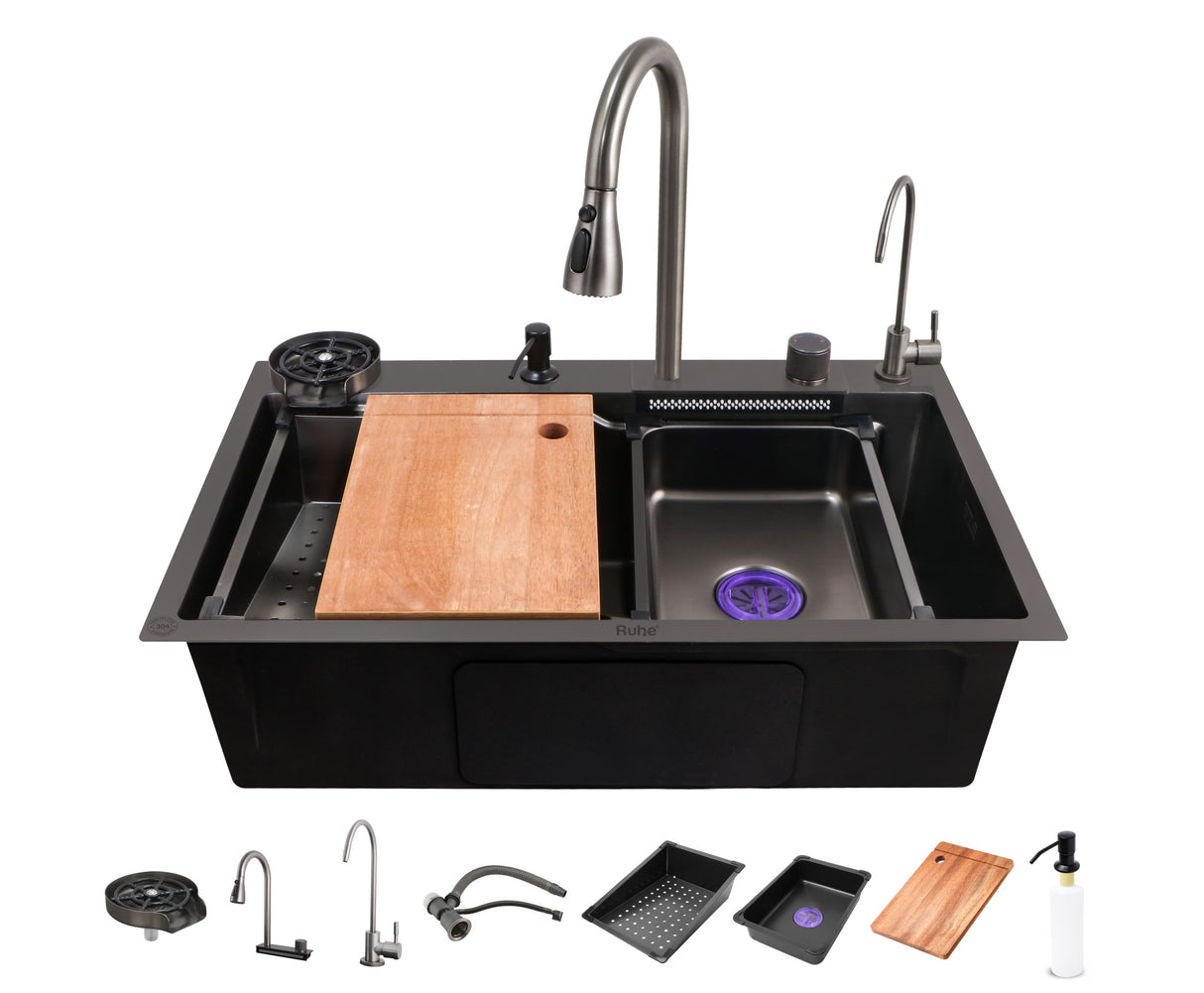 Nano Black 304-Grade Kitchen Sink with Integrated Waterfall, Pull-Out & RO Faucet (30 x 18 x 9 Inches)