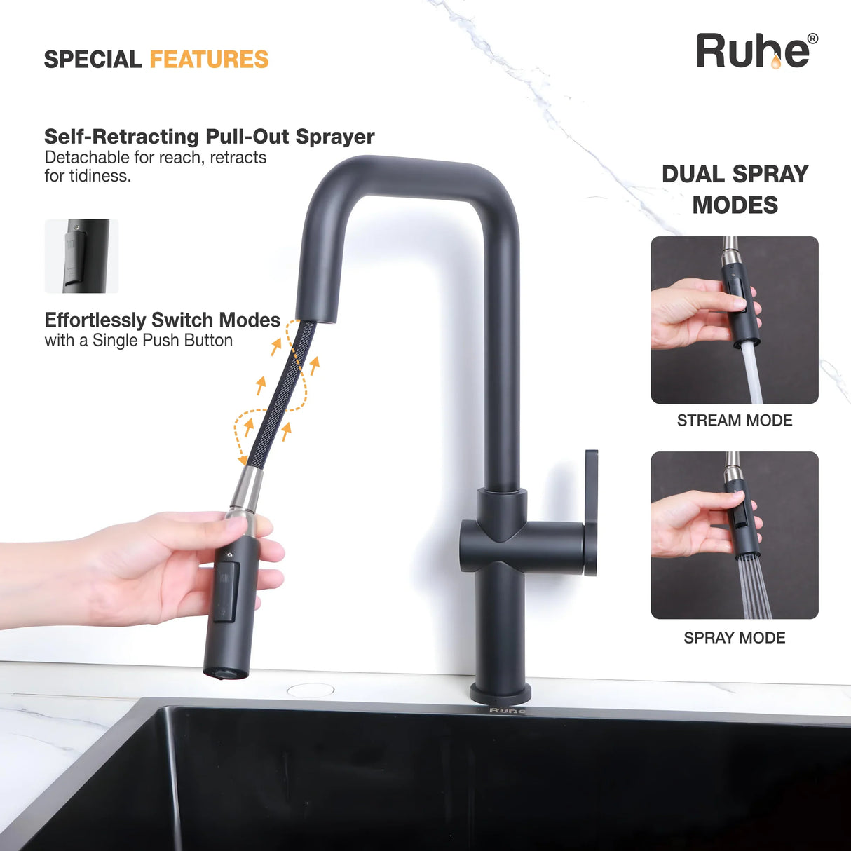Opulo Dual Flow Pull-Out Kitchen Mixer Faucet