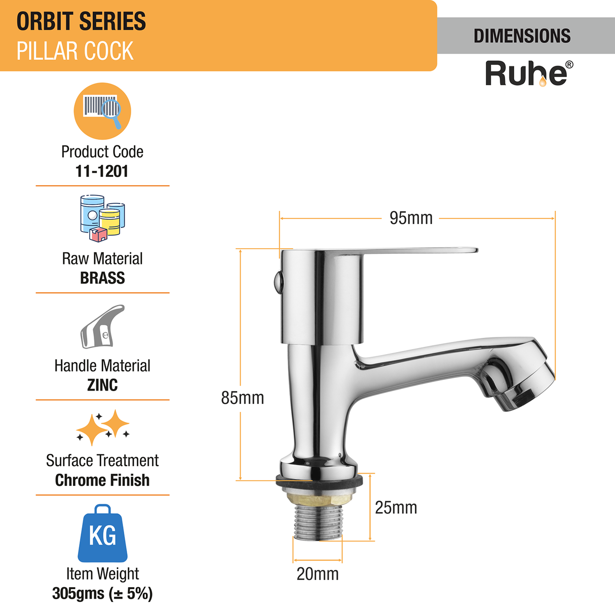 Orbit Pillar Tap Brass Faucet- by Ruhe®