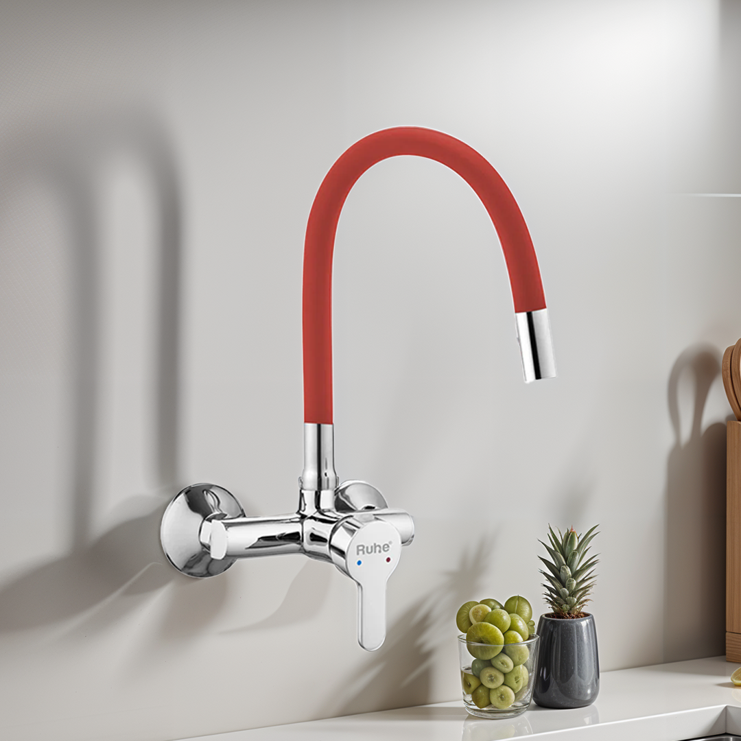 Pavo Single Lever Wall-mount Kitchen Sink Mixer Tap with Red Silicone Spout - by Ruhe®