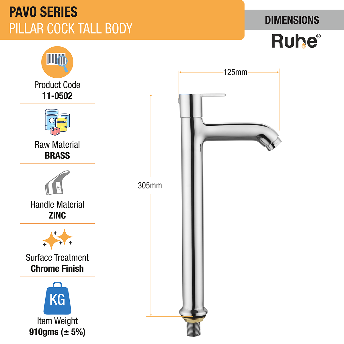 Pavo Pillar Tap Tall Body Brass Faucet dimensions and sizes