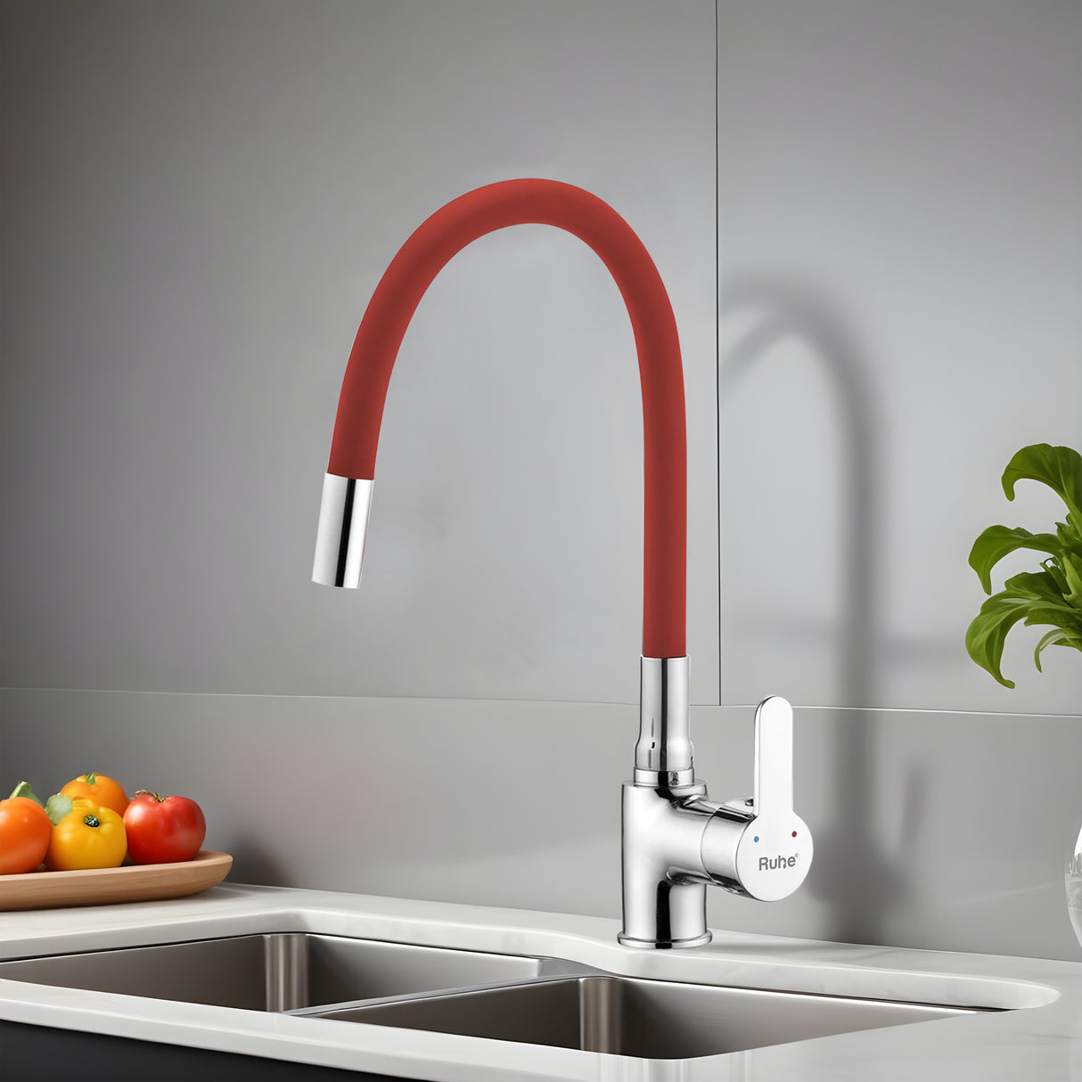 Pavo Single Lever Deck-mount Kitchen Sink Mixer Tap with Red Silicone Spout - by Ruhe®