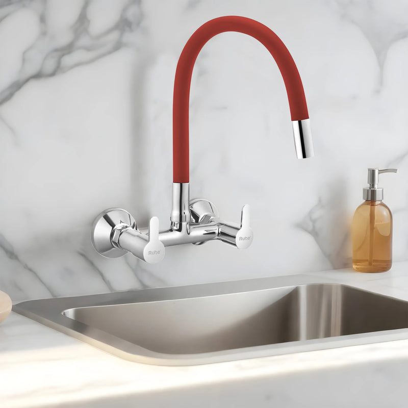 Pavo Wall Mount Kitchen Sink Mixer Tap with Coloured Flexible Silicone Spout