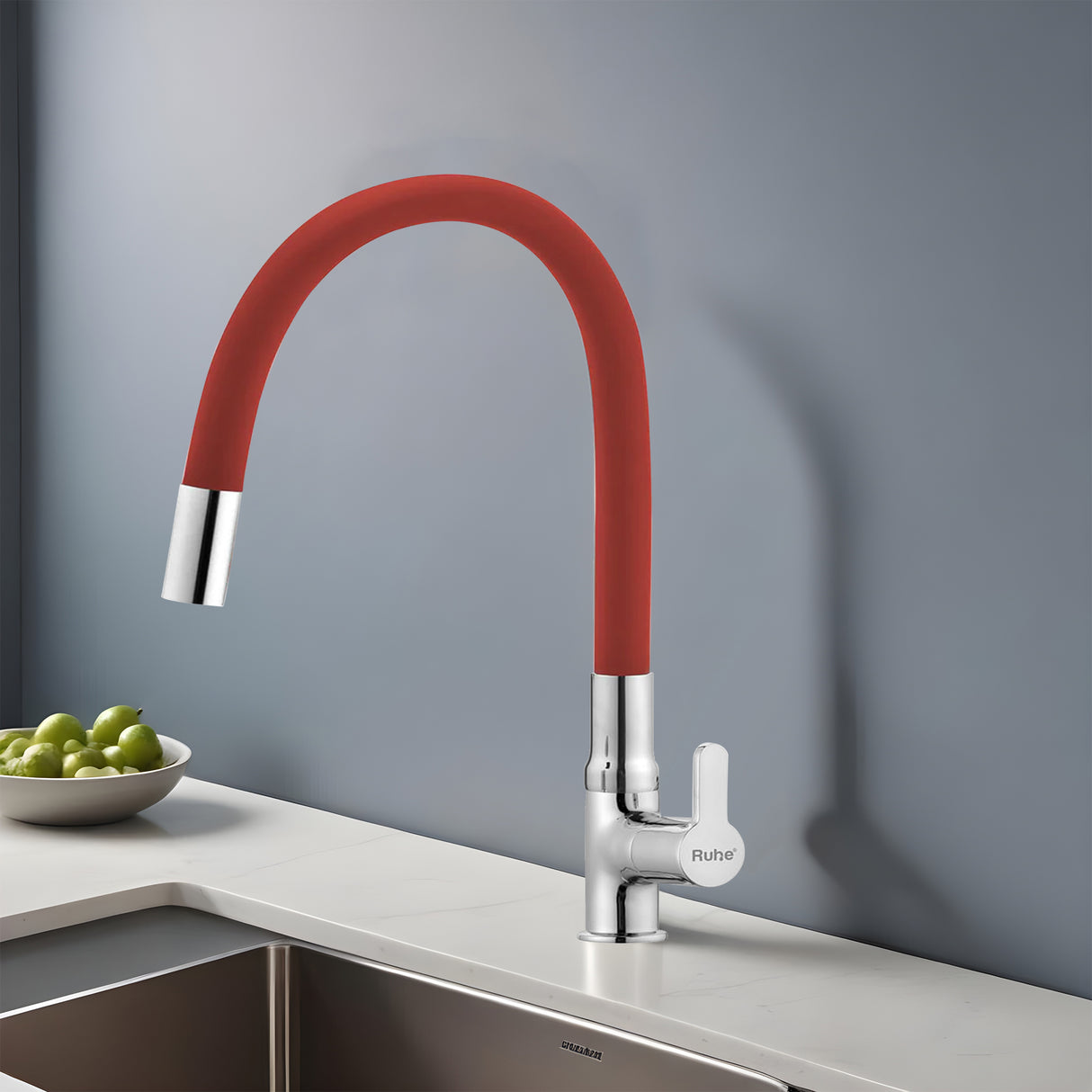 Pavo Deck-mount Kitchen Sink Tap with Red Flexible Silicone Spout - by Ruhe