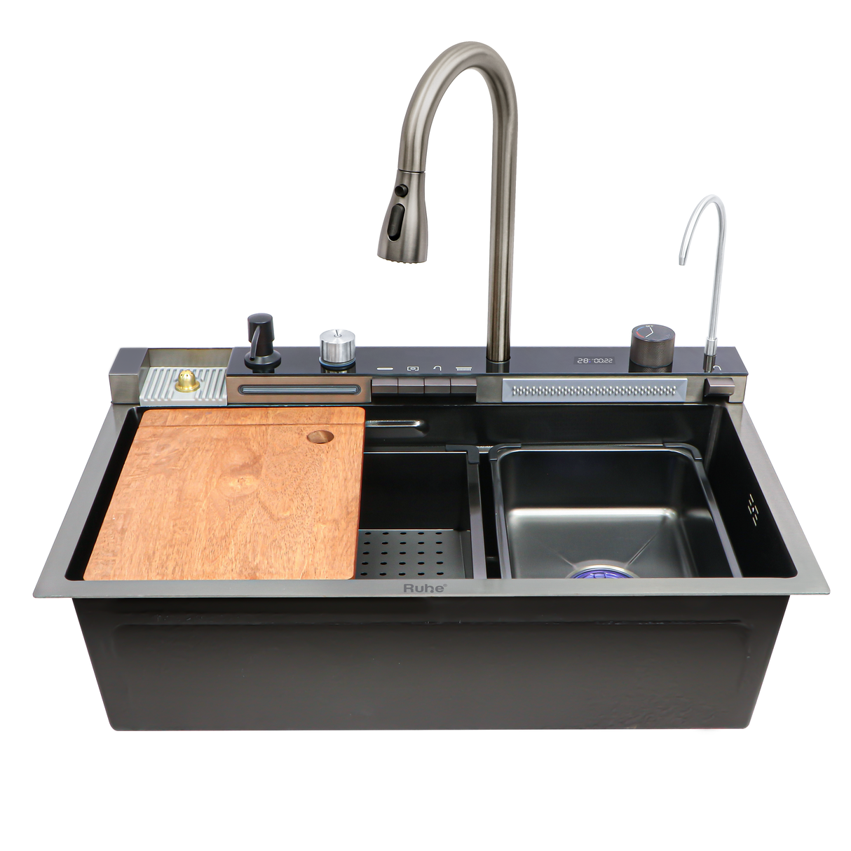 Piano 304-Grade Kitchen Sink with Integrated Waterfalls, Digital Display, Pull-out Faucet & RO Tap (30 x 18 x 9 inches) - by Ruhe