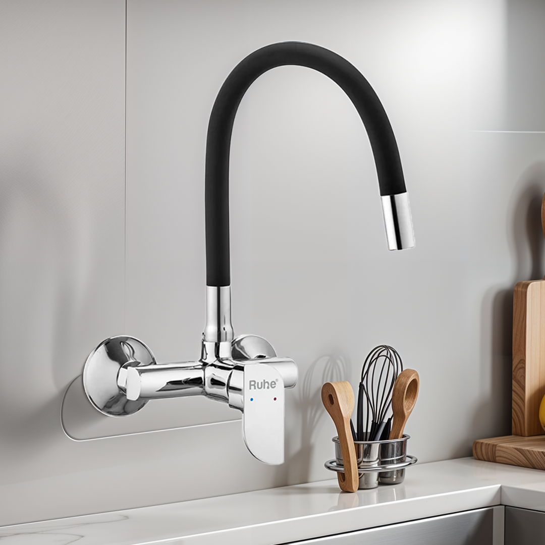 Pristine Single Lever Wall-mount Kitchen Sink Mixer Tap with Black Silicone Spout - by Ruhe®