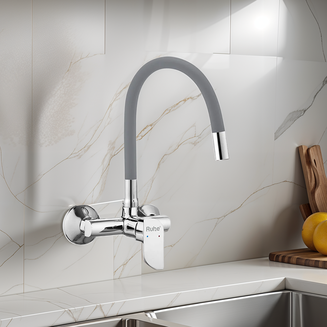 Pristine Single Lever Wall-mount Kitchen Sink Mixer Tap with Grey Silicone Spout - by Ruhe®