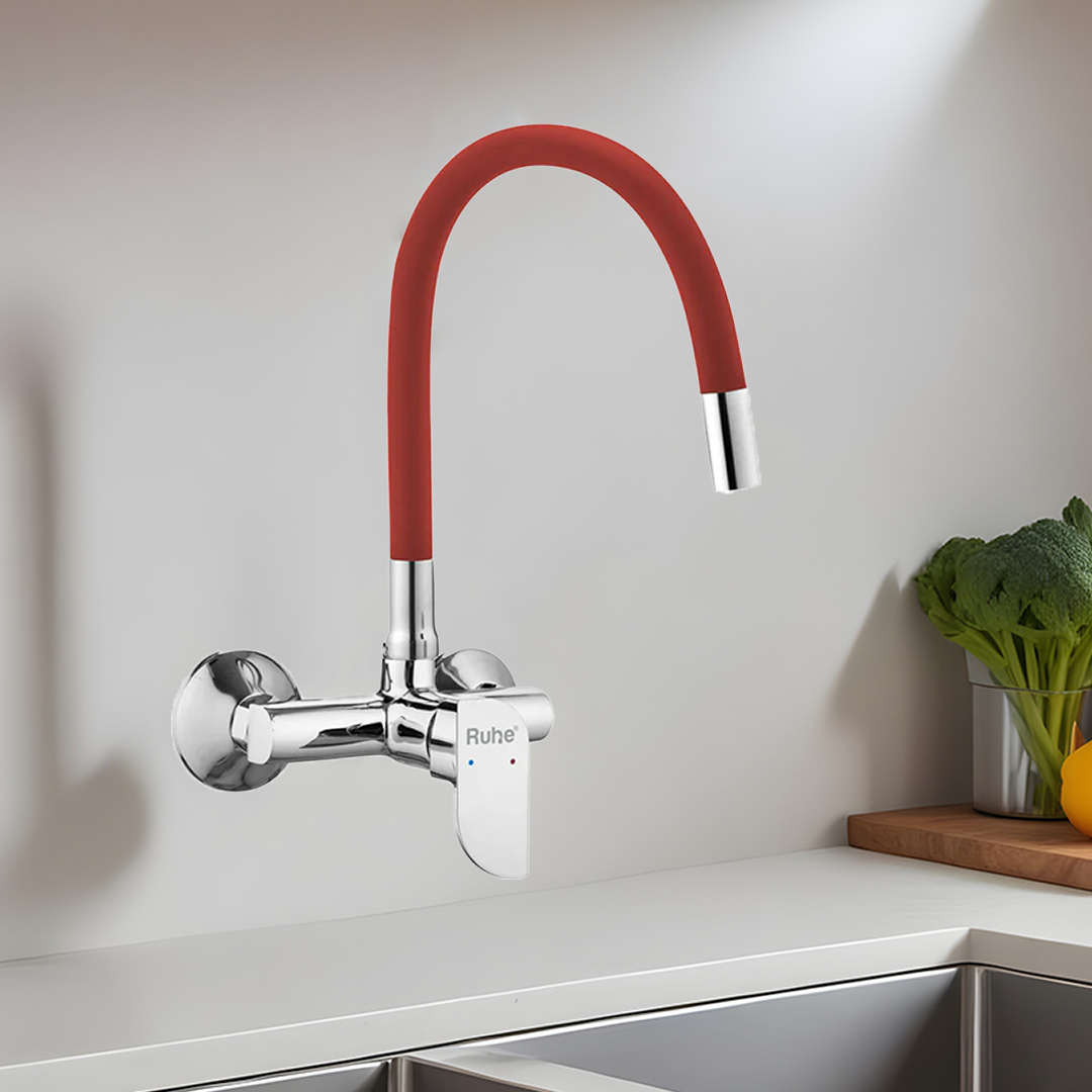 Pristine Single Lever Wall-mount Kitchen Sink Mixer Tap with Red Silicone Spout - by Ruhe®