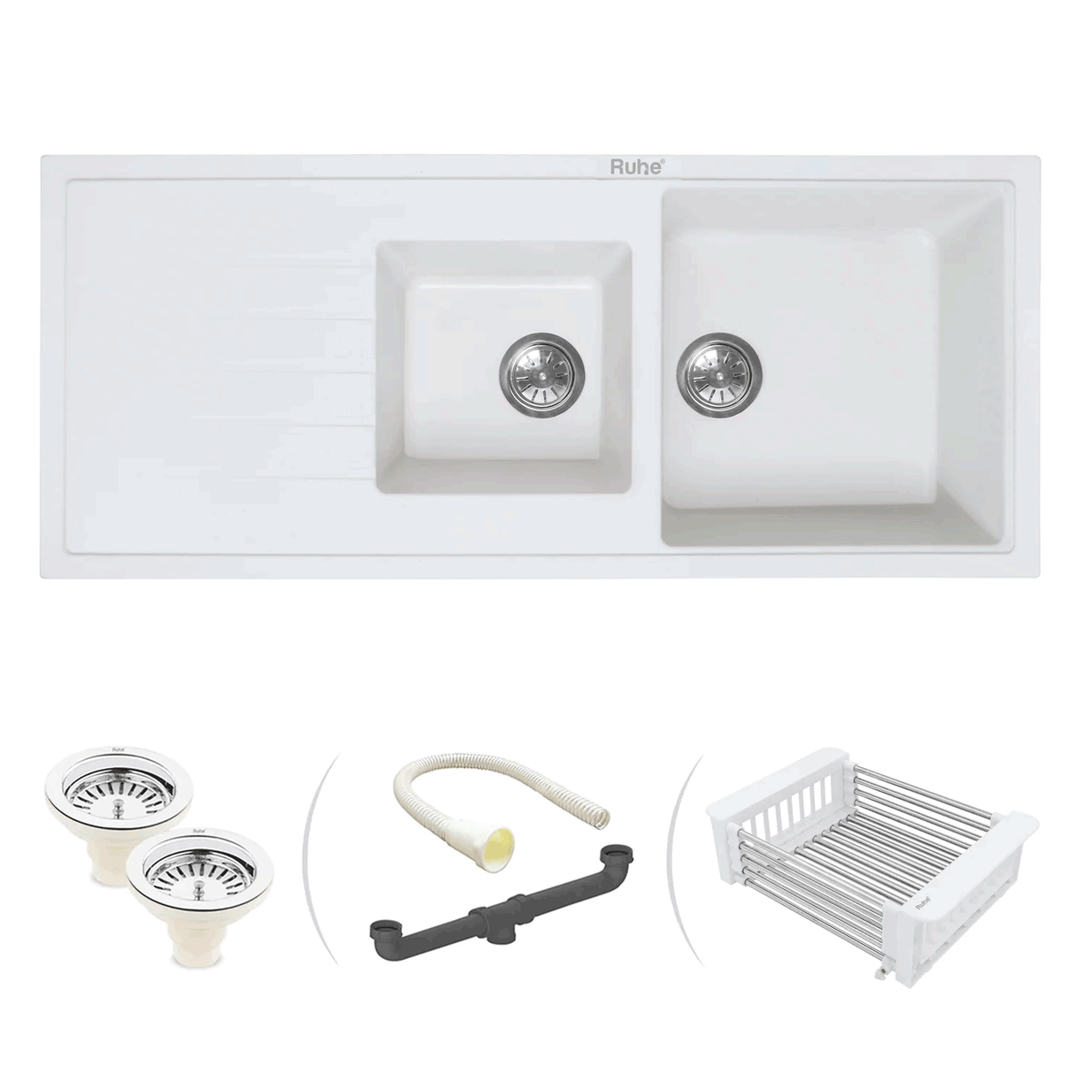 Quartz Double Bowl with Drainboard Kitchen Sink - Crystal White (45 x 20 x 9 inches) - by Ruhe®