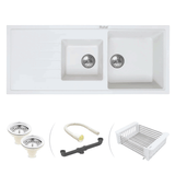 Quartz Double Bowl with Drainboard Kitchen Sink - Crystal White (45 x 20 x 9 inches) - by Ruhe®