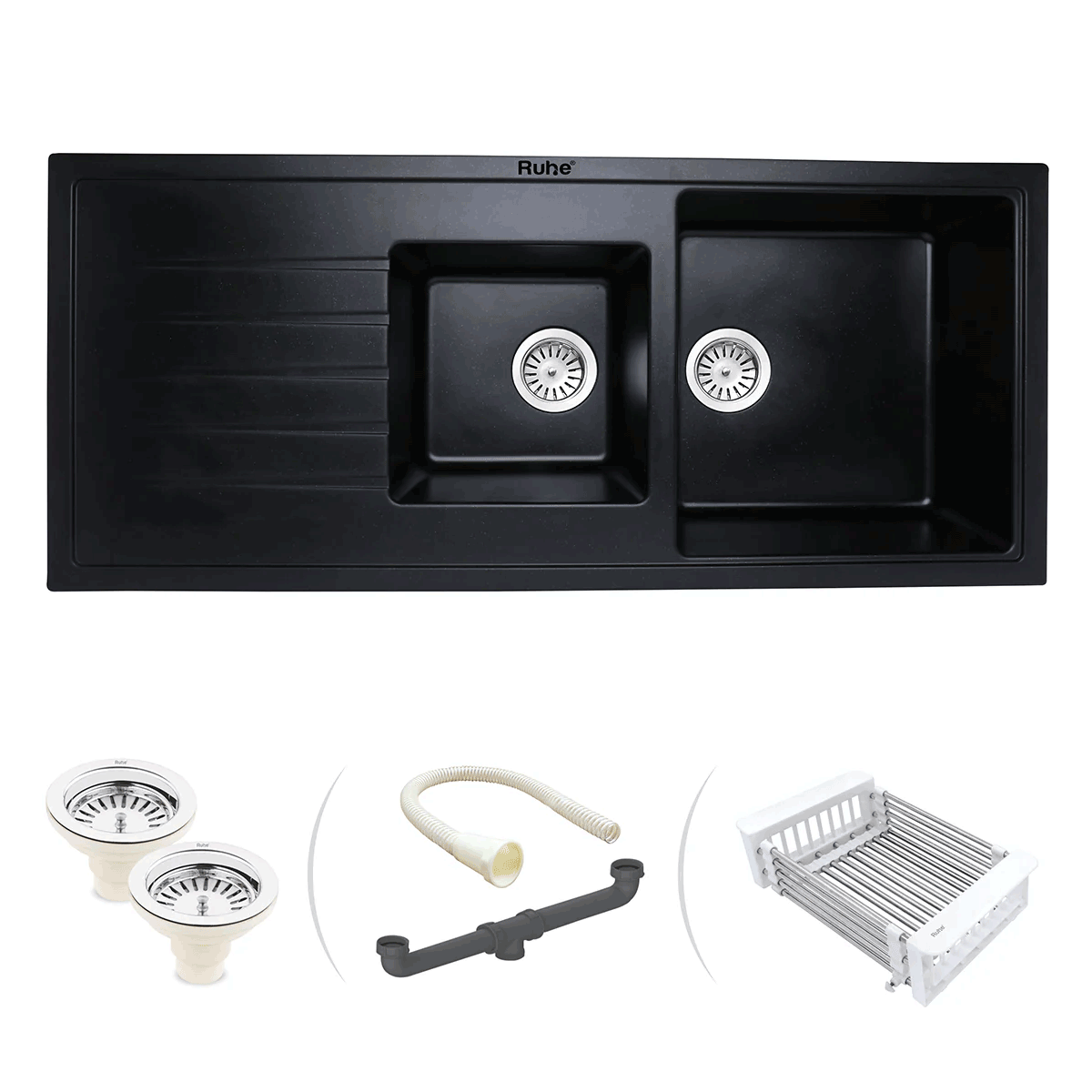 Quartz Double Bowl with Drainboard Kitchen Sink - Matte Black (45 x 20 x 9 inches) - by Ruhe®