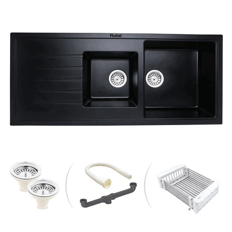 Quartz Double Bowl with Drainboard Kitchen Sink - Matte Black (45 x 20 x 9 inches) - fittings