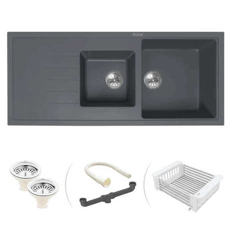 Quartz Double Bowl with Drainboard Kitchen Sink - Smoke Grey (45 x 20 x 9 inches) - 2