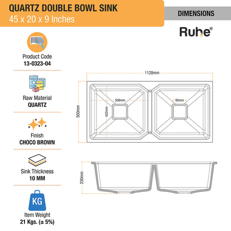 Quartz Double Bowl Kitchen Sink - Choco Brown Dimensions