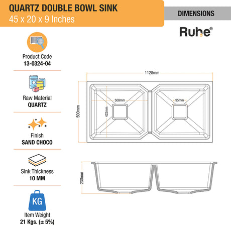 Quartz Double Bowl Kitchen Sink - Sand Choco (45 x 20 x 9 inches) - Dimensions