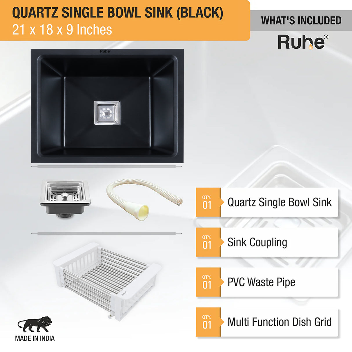 Quartz Single Bowl Kitchen Sink - Matte Black (21 x 18 x 9 inches) - by Ruhe