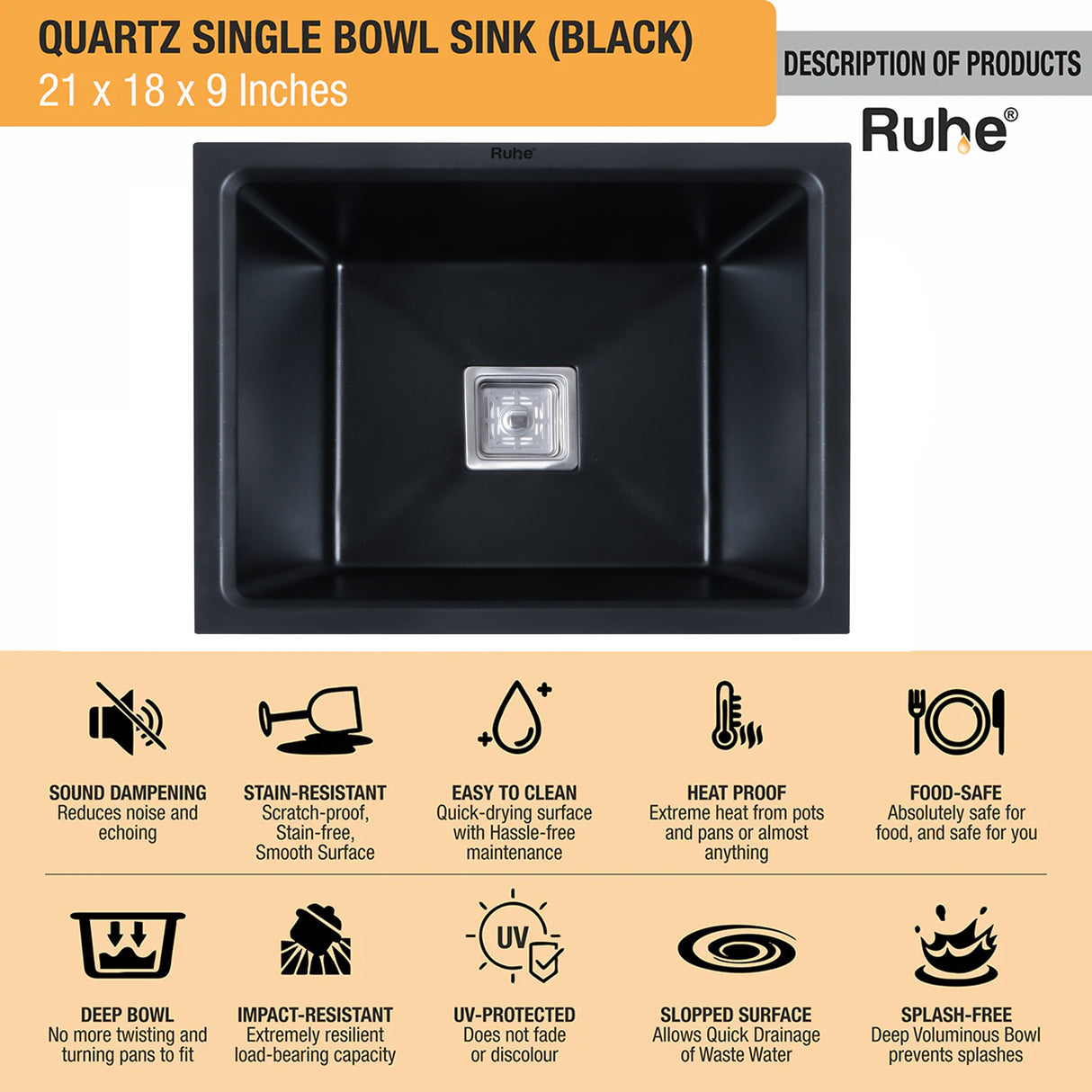 Quartz Single Bowl Kitchen Sink - Matte Black (21 x 18 x 9 inches) - by Ruhe