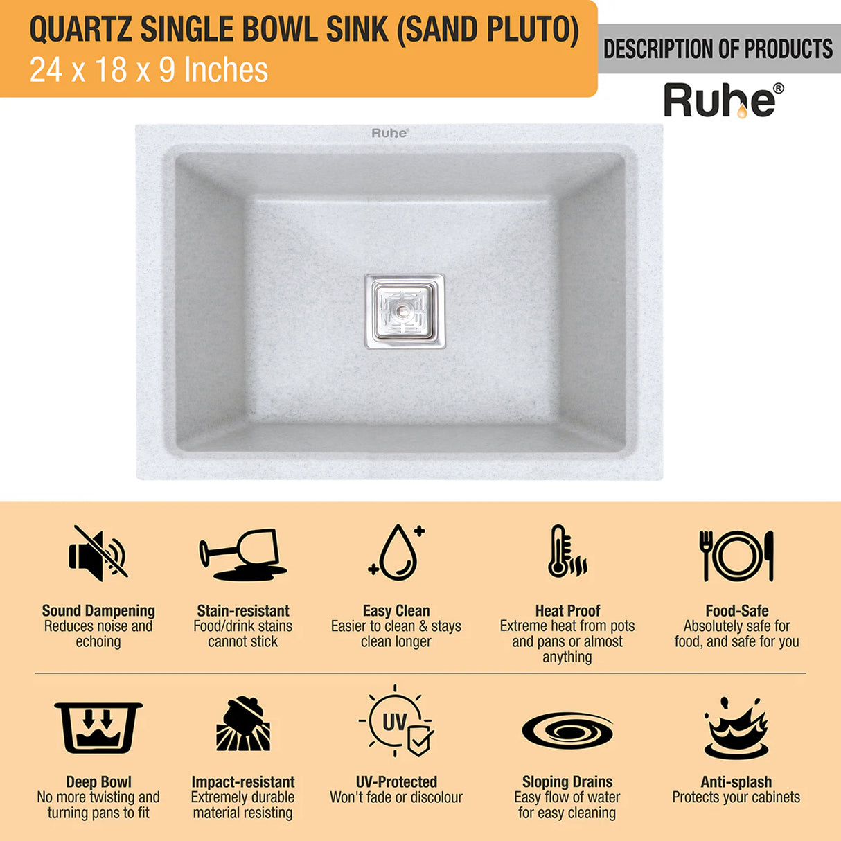 Quartz Single Bowl Kitchen Sink - Sand Pluto (24 x 18 x 9 inches) - by Ruhe