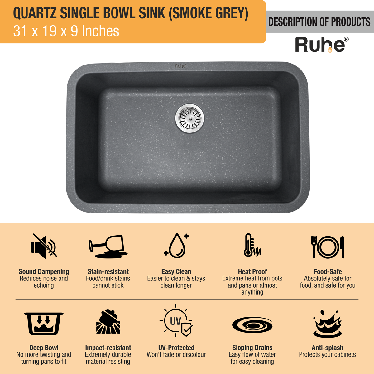 Quartz Single Bowl Kitchen Sink - Smoke Grey (31 x 19 x 9 inches) - by Ruhe