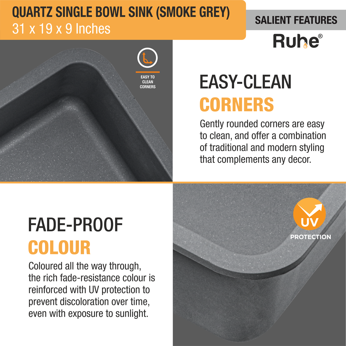 Quartz Single Bowl Kitchen Sink - Smoke Grey (31 x 19 x 9 inches) - by Ruhe