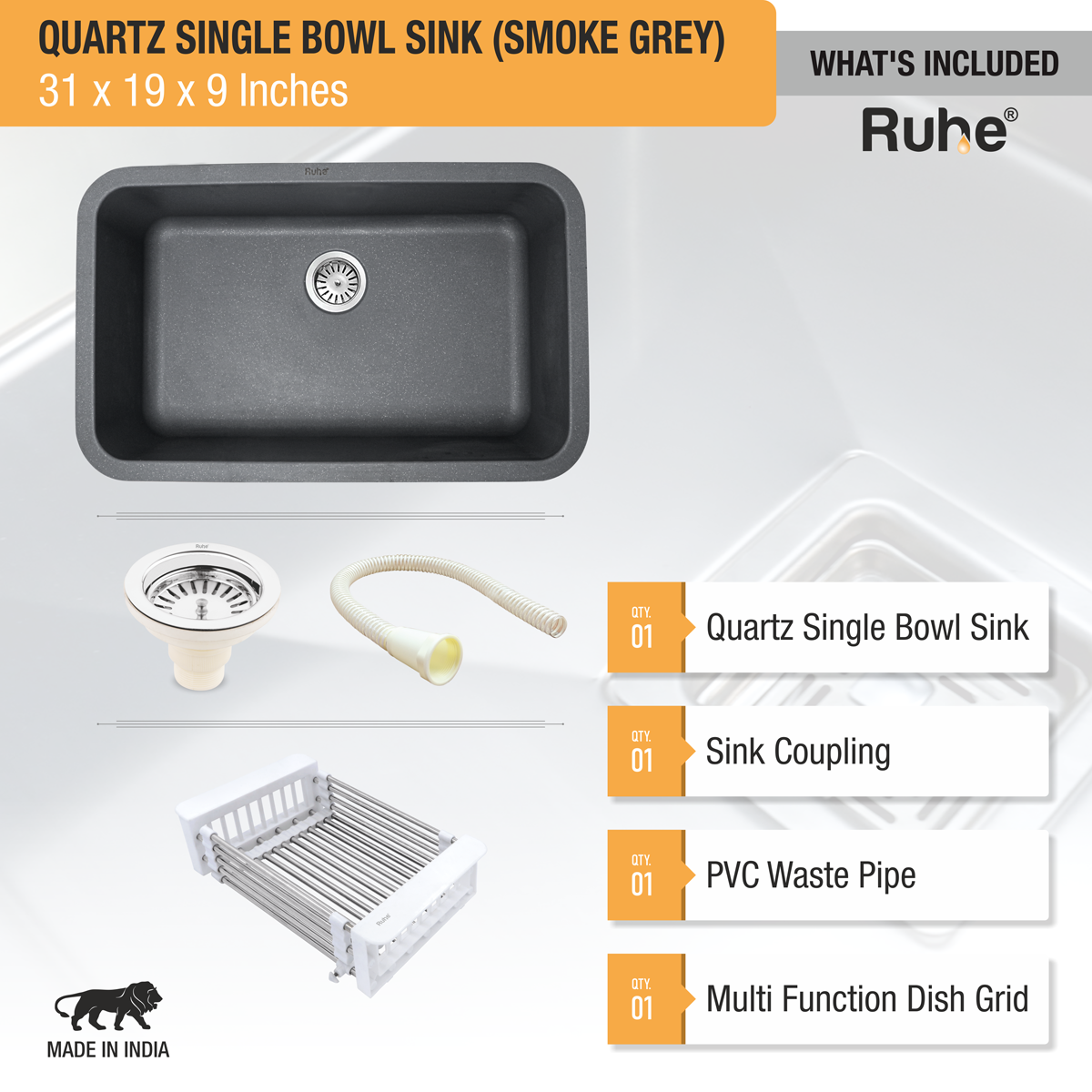 Quartz Single Bowl Kitchen Sink - Smoke Grey (31 x 19 x 9 inches) - by Ruhe