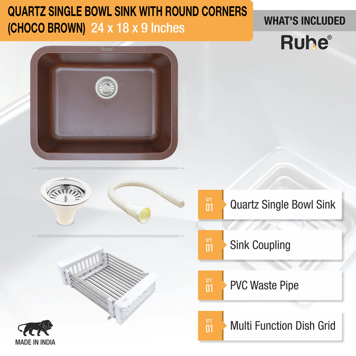 Quartz Single Bowl Kitchen Sink with Rounded Corners - Choco Brown (24 x 18 x 9)  - by Ruhe®