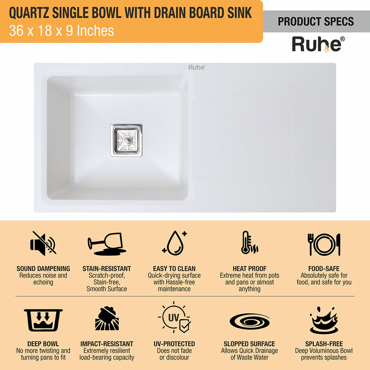 Quartz Single Bowl with Drainboard Kitchen Sink - Crystal White (36 x 18 x 9 inches) - by Ruhe