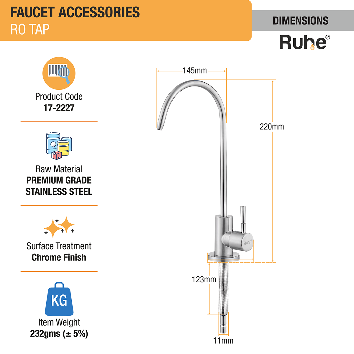 RO Tap/Faucet (Premium Stainless Steel) dimensions and sizes
