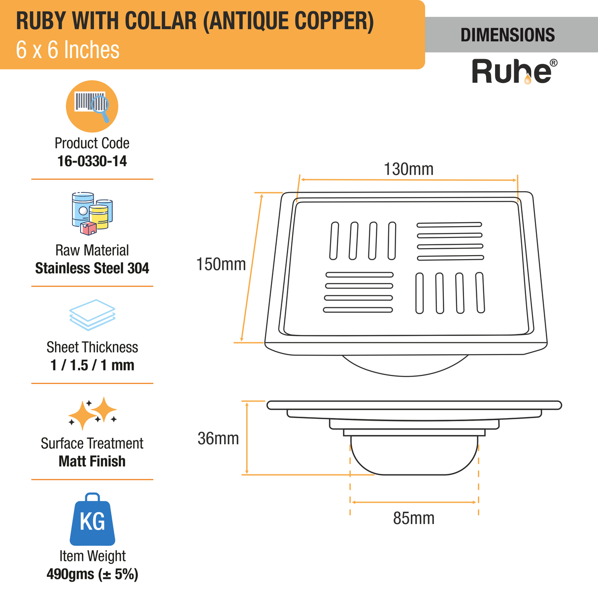 Ruby Square Flat Cut Floor Drain