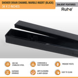 Marble Insert Shower Drain Channel (36 x 2 Inches) Black PVD Coated - by Ruhe®