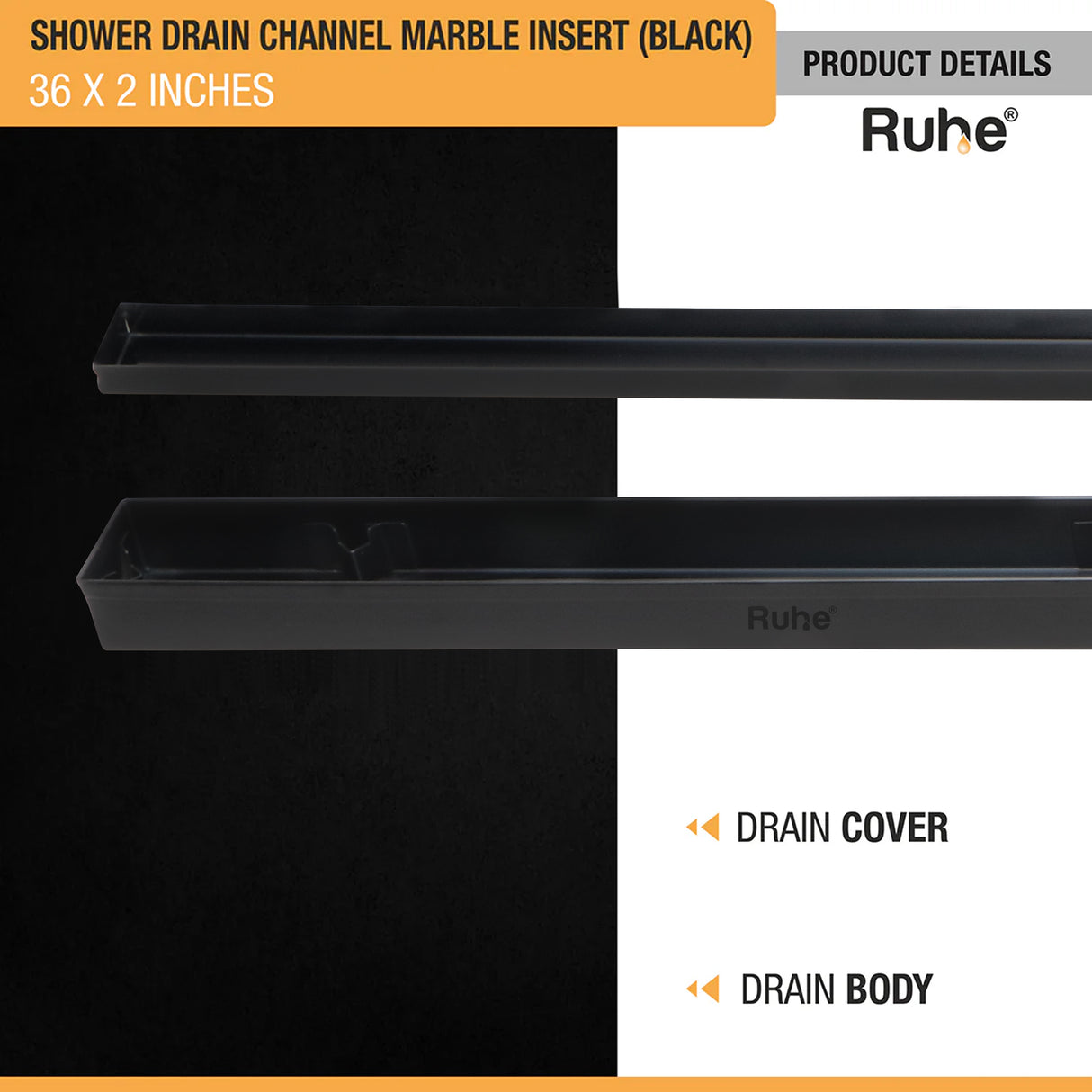 Marble Insert Shower Drain Channel (36 x 2 Inches) Black PVD Coated - by Ruhe®