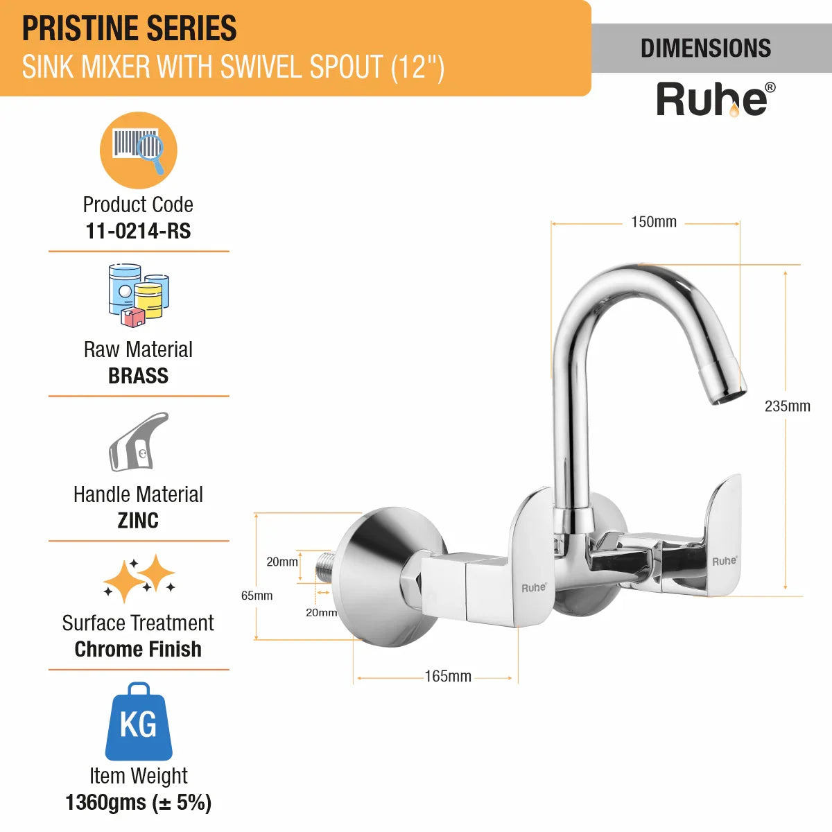 Pristine Wall Mount Kitchen Sink Mixer Tap with Swivel Spout