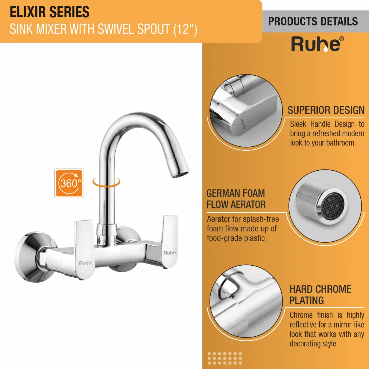 Elixir Wall Mount Kitchen Sink Mixer Tap with Swivel Spout