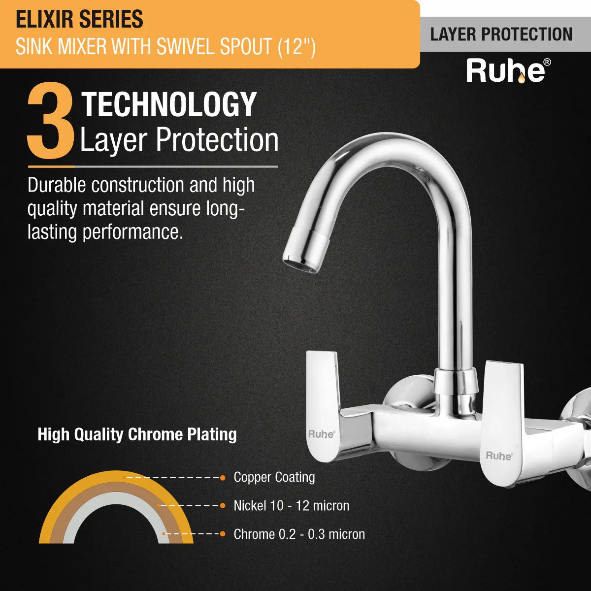 Elixir Wall Mount Kitchen Sink Mixer Tap with Swivel Spout
