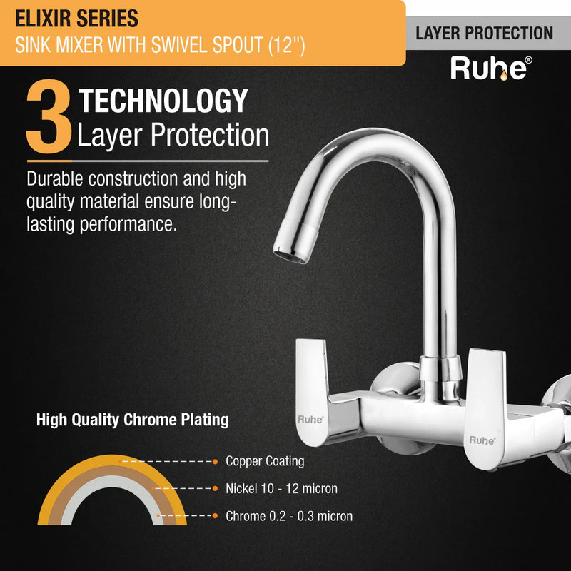 Elixir Wall Mount Kitchen Sink Mixer Tap with Swivel Spout