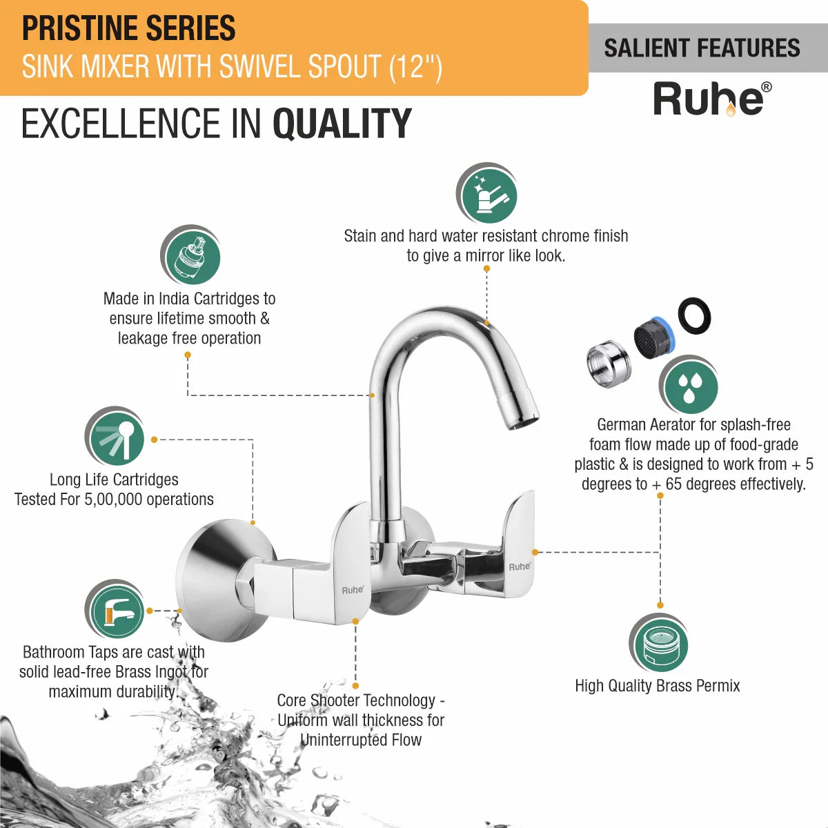 Pristine Wall Mount Kitchen Sink Mixer Tap with Swivel Spout